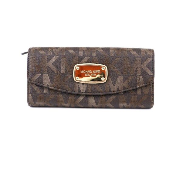 NWT Michael Kors Jet Set Logo Flap Wallet Signature PVC Brown - Picture 2 of 6